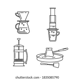 A set of accessories for brewing coffee. French press, pour over, aeropress, Turkish cezve in the sand. Vector outline icons.