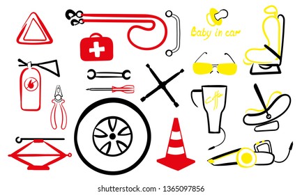A set of accessories in the car - auto tools, spare tire, road cone, car warning triangle, child seat car, auto vacuum cleaner, heated mug. Linear drawing. Vector.