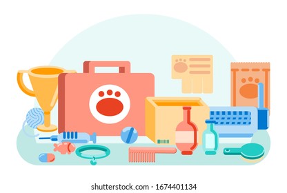 Set of accessories for cats: first aid kit, medicine, tray, food, carrying and toys. Pet shop of cat things. Set of pet care items. Vector flat cartoon illustration