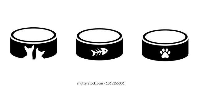 A set of accessories for cats, food. Cat bowl with fish bones, paw print and a pair of cats. Veterinary concept. Vector illustration for pet shops.