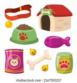 Set of Accessories for cats or Products pet shop icons with Feed, toys, balls, collar, Vector illustration