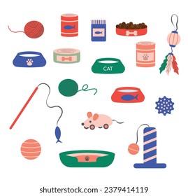 A set of accessories for cats: scratching post, house, bed, food, and toys for cats, food. Cat things from the pet store. A set of kitten care items. Flat cartoon vector illustration.