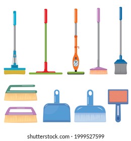 Un conjunto de accesorios para la limpieza de la casa, cepillos, mops, palos, ilustraciones vectoriales aisladas en color
