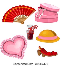 Set of accessories and clothing for a young lady. Vector illustration.