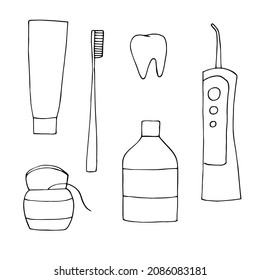 ZubehörSet für die zahnmedizinische Vektorgrafik, handgezeichnete Doodle