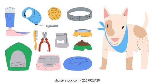 A set of accessories for a dog. House, stove bench, bowls and other accessories. The dog stands next to his objects. Flat vector illustration. Eps10