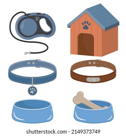 A set of accessories for dogs and cats, a booth, bowls with food, a leash and collars with a medallion.
