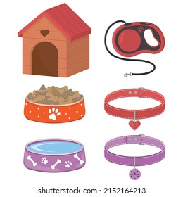 Un conjunto de accesorios para perros y gatos, una cabina, tazones con comida, una correa y collares con un medallón