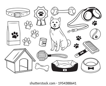 Set of accessories for dogs. Collection of dog toys bowl, collar, food and dog house. Pets items. Logo for the veterinary clinic. Vector illustration isolated on white background.
