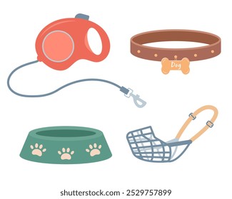 Set of accessories for dogs. Dog muzzle, retractable leash, dog collar and bowl. Pet supplies, pet shop and care equipment icons. Vector icons illustration isolated on white background.