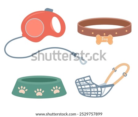 Set of accessories for dogs. Dog muzzle, retractable leash, dog collar and bowl. Pet supplies, pet shop and care equipment icons. Vector icons illustration isolated on white background.