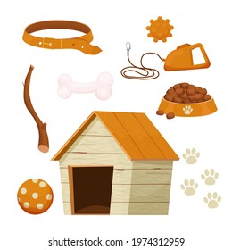 Set of accessories for dogs with kennel, toys, collar different staffs for pet care isolated on white background in cartoon style. Collection of equipment, supplies