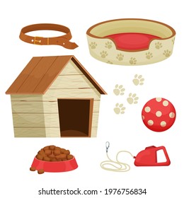 Set of accessories for dogs with kennel, toys, collar different staffs for pet care isolated on white background in cartoon style. Collection of equipment, supplies
