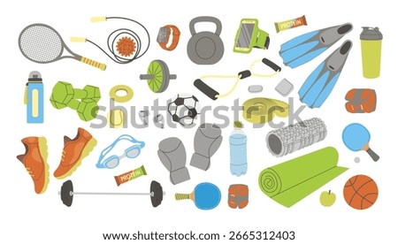 Set of accessories for doing sports. Vector illustration of accessories for doing sports dumbbells, kettlebells, tennis rackets, sneakers and mat, headphones, ball, exercise equipment, jump rope.