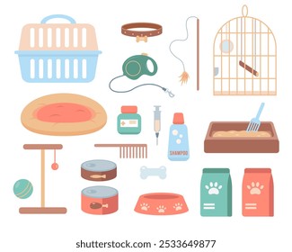 Set of accessories and food for pet. Dogs and cats supplies, pet shop and care equipment, bird cage and toys. Pet shop goods icons. Vector icons illustration isolated on white background.