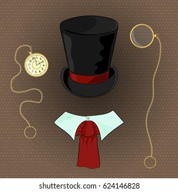 Set of accessories for gentlemen in retro style. Headdress, pocket watch, monocle.