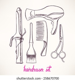 Set with accessories hairdressing. hand-drawn illustration