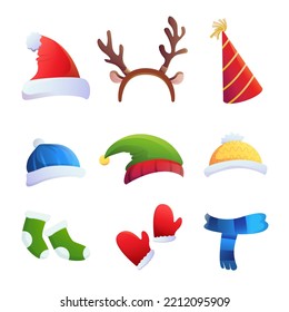 set of accessories from hats, socks and mittens for christmas and new year. vector illustration