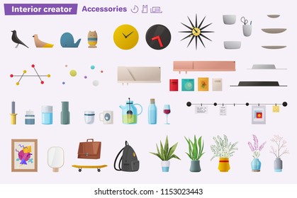 Set of accessories for home interior. Cartoon vector illustration. House or office design. Cozy decor. 