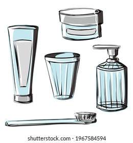 A set of accessories for hygiene, bath, teeth cleaning, washing, face and body skin care. Cosmetics and hygiene. Liquid soap, toothpaste, cream, toothbrush. Isolated vector objects.