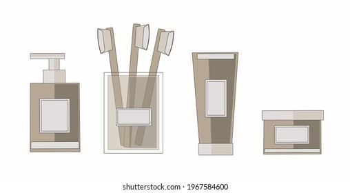 Un conjunto de accesorios para higiene, baño, limpieza de dientes, lavado, cara y cuidado de la piel del cuerpo. Cosméticos e higiene. Jabón líquido, dentífrico, crema, cepillo de dientes. Objetos vectoriales aislados.
