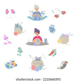 A set of accessories for knitting - yarn with knitting needles, balls of thread, a basket for needlework. Girl, woman knits. Kitten in a basket. Vector organic in flat style isolated. Handmade concept