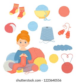 Set of accessories for knitting.Cheerful woman knits a scarf.Vector illustration. Isolated on white background