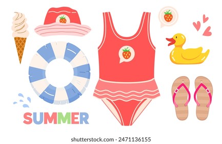 Conjunto de accesorios para niña pequeña para vacaciones familiares en la playa por mar: traje de baño, sombrero de Panamá protector del sol, chanclas, anillo de natación inflable, cono de helado, pato de juguete de goma. Ilustración vectorial.