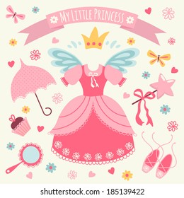 Set of accessories for Little Princess. Template greeting card or invitation.