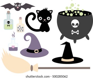 Set of accessories for the little witch - cauldron of potion, bubbles with venom , black cat, bat, broom, hat