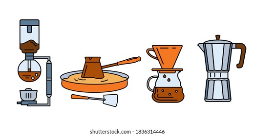 A set of accessories for making coffee. Siphon, Turkish cezve in the sand, pour over, geyser coffee maker. Vector colored outline icons.