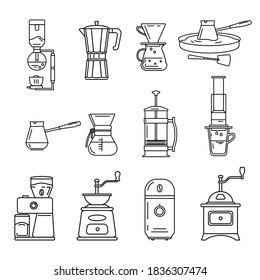 A set of accessories for making coffee. Various coffee grinders. Vector outline icons.