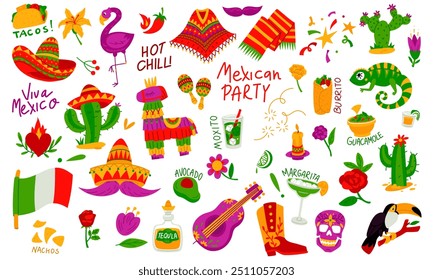 conjunto de acessórios para uma festa mexicana, destacado em um fundo branco. Ilustração vetorial de pinata, guitarras, maracas, sombreros, cactos, flores, animais, fogos de artifício.