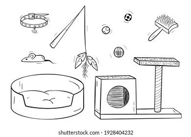 A set of accessories for pets of a cat. A house and a bed with a pillow, toys balls with a mouse and a fishing rod and a collar. Isolated contour objects on a white background.