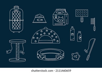 A set with accessories for pets. A poster for a pet store and a veterinary clinic. A doodle set with cat food, toys and grooming supplies. Vector illustration