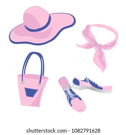 Set of accessories pink, bag, hat, scarf, shoes, vector illustration. Isolated on white background