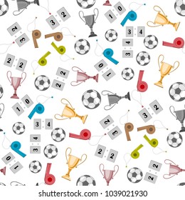 a set of accessories for playing football, a whistle, a cup. there is a ball and other items. seamless texture .
