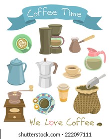 Set of accessories for the preparation of coffee, such as manual grinder, pot, machine, a Turk, cups and a bag of beans with a scoop in flat style. Isolated on white