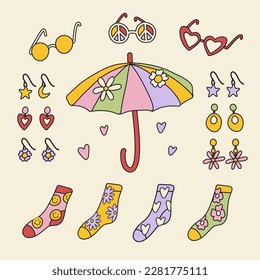 Set of accessories in retro hippie style. Classic Woodstock Sixties Subculture Clothes.
