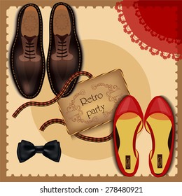 A set of accessories for retro party or prom.Men's and women's shoes, bow tie, dress items, the envelope with the invitation.