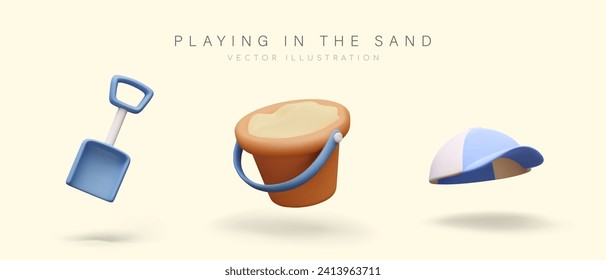 Set of accessories for sand games. Realistic cap, shovel, bucket. Children toys for playing outside. Illustrations for beach accessories stores. Summer concept