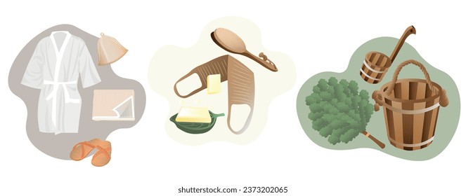 Set of accessories for sauna on white background