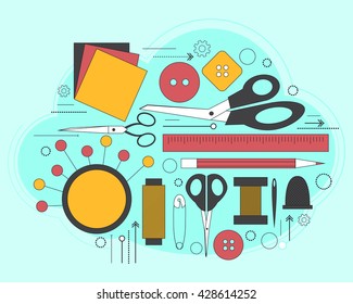 Set of accessories for sewing and handmade paper card with dressmaking accessories. Line art. Vector illustration