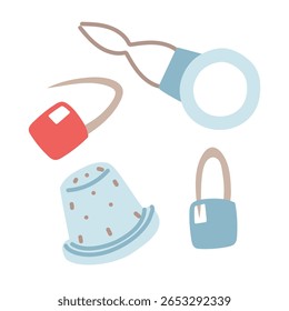 Um conjunto de acessórios para costura e tricô. Um suporte de agulha, um dedal e um alfinete. Uma ilustração em cores planas. Itens isolados para trabalhar com fios, fios e tecidos diversos. Feito à mão