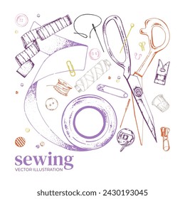 Set of accessories for sewing and needlework. Threads, bobbins, scissors. Sewing courses. Sewing machine parts. Vector illustration