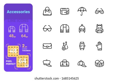Set accessories simple lines icons of handbag, glasses, clothing details. Concept collection modern symbols for shop, internet, ad, web. Pixel perfect. Vector illustration.