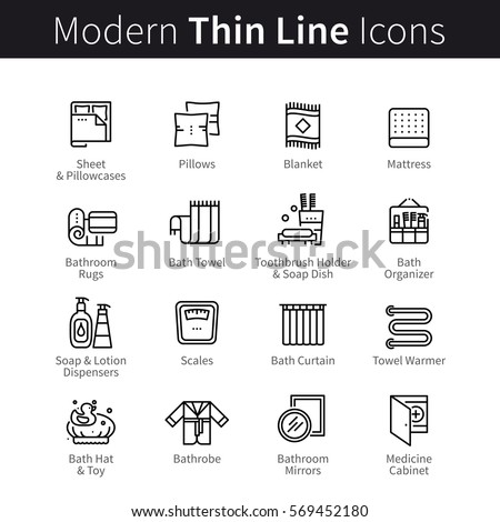 Set of accessories for sleeping and bathroom. Bath & bedding pictograms. Thin black line art icons. Linear style illustrations isolated on white.