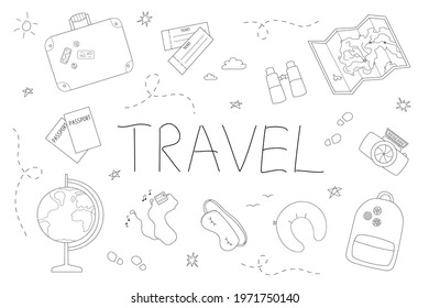 Set of accessories and symbols for travel and recreation.Contour isolated doodle objects on a white.