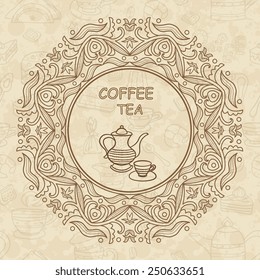set of accessories for tea and coffee. Round element for design, place for text.