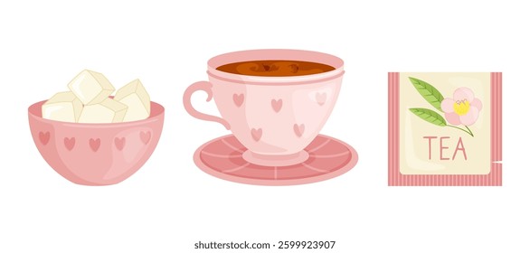 Set of accessories for tea drinking. Tea cup, sugar bowl, tea bag. Flat vector illustration on white background.